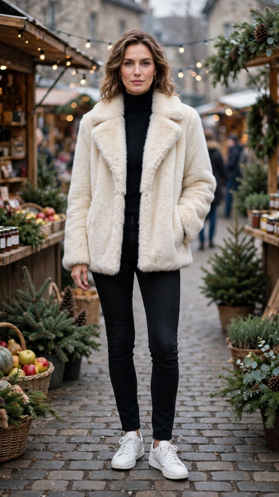 40 Faux fur coat outfits with jeans for winter weekends That Are Chic, Warm and Elegant 18 Cream Faux Fur Coat with skinny jeans