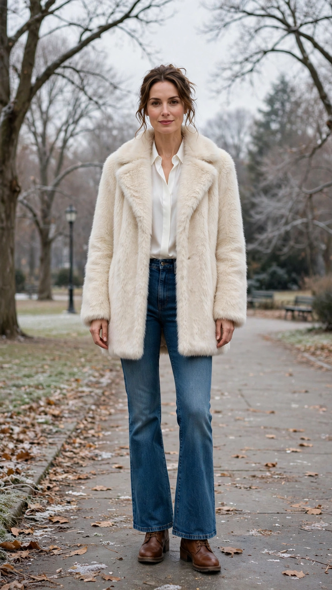 40 Faux fur coat outfits with jeans for winter weekends That Are Chic, Warm and Elegant 19 Cream Faux Fur Coat with bootcut jeans