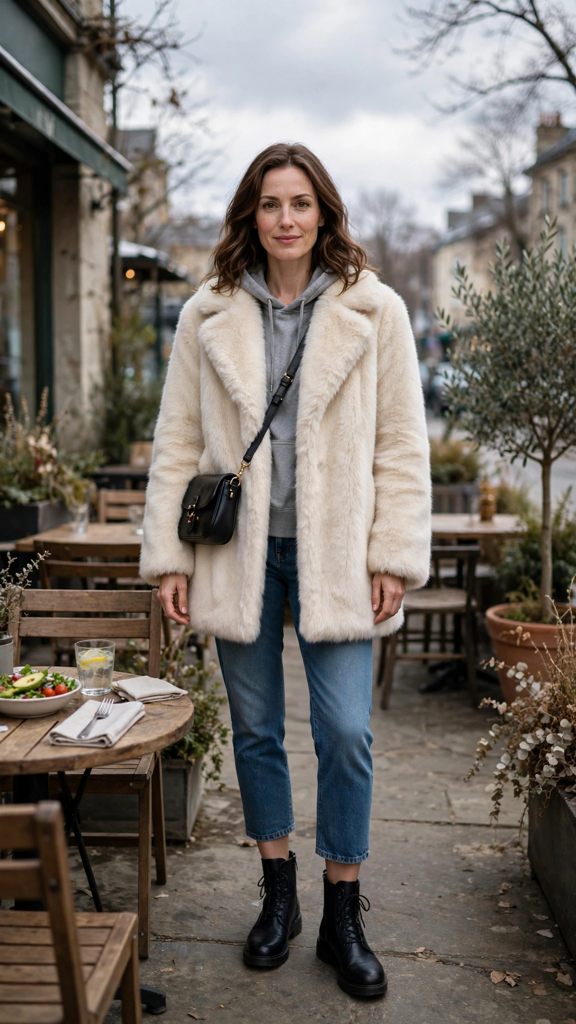 40 Faux fur coat outfits with jeans for winter weekends That Are Chic, Warm and Elegant 20 Cream Faux Fur Coat with cropped jeans