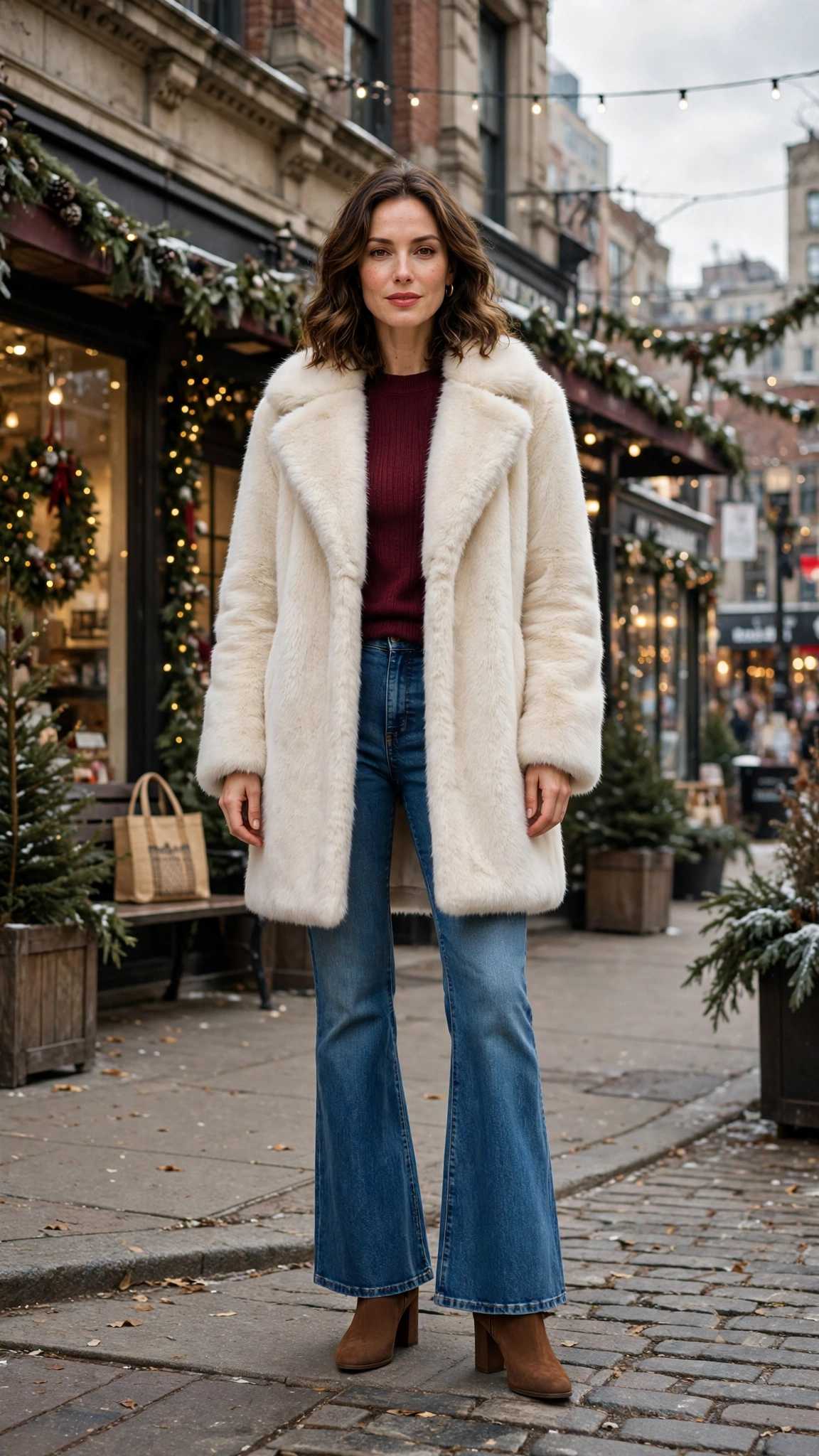 40 Faux fur coat outfits with jeans for winter weekends That Are Chic, Warm and Elegant 21 Cream Faux Fur Coat with flared jeans