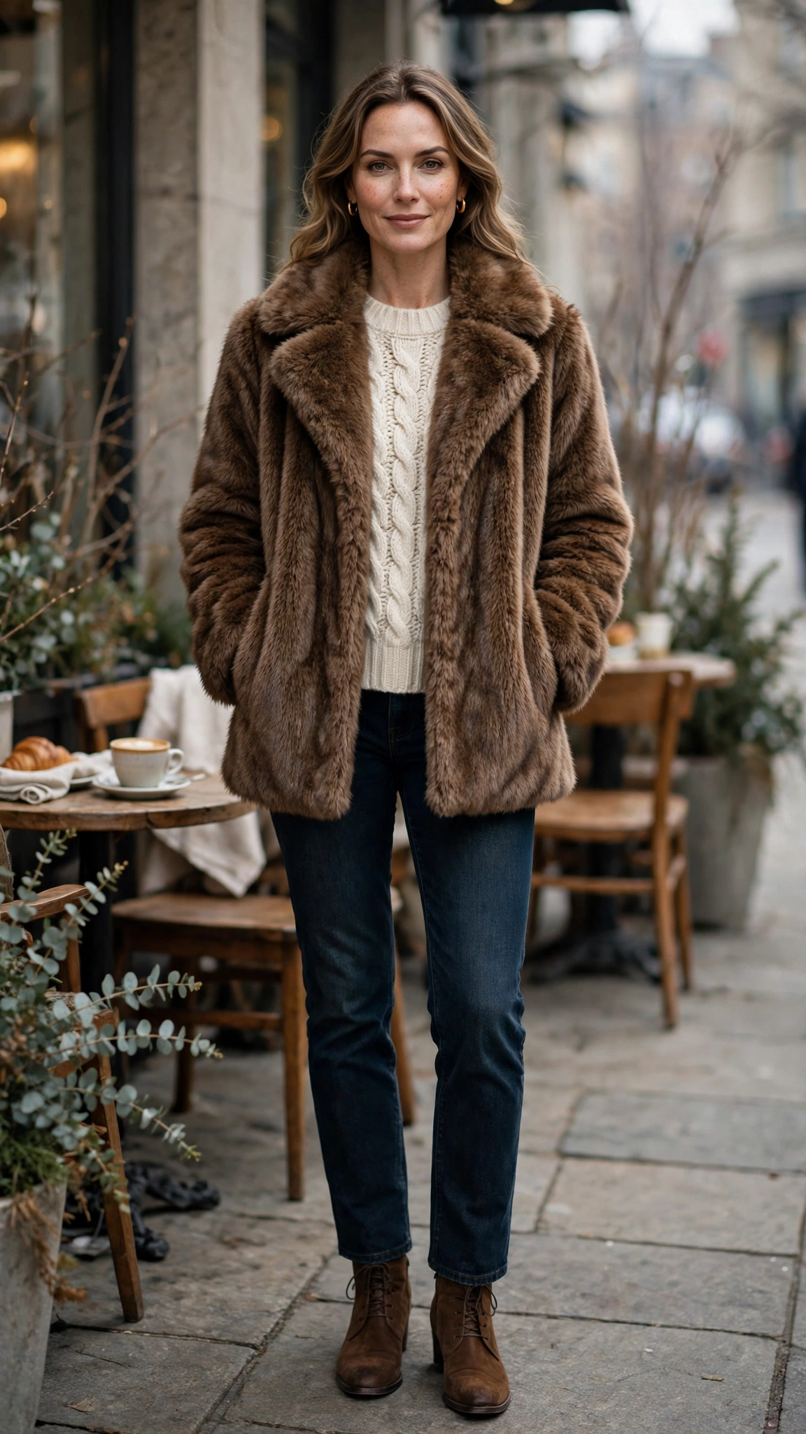 40 Faux fur coat outfits with jeans for winter weekends That Are Chic, Warm and Elegant 22 Brown Faux Fur Coat with dark jeans