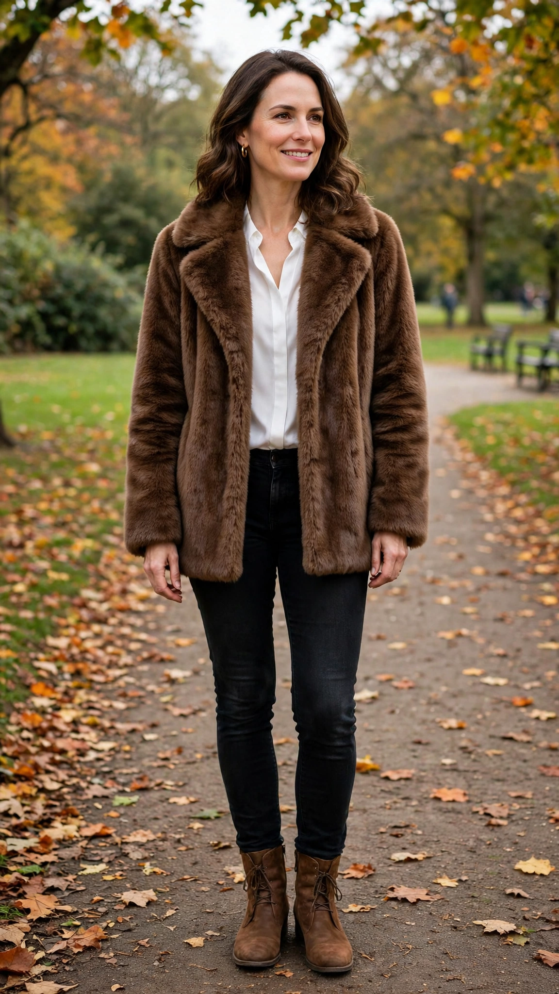 40 Faux fur coat outfits with jeans for winter weekends That Are Chic, Warm and Elegant 24 Brown Faux Fur Coat with black jeans