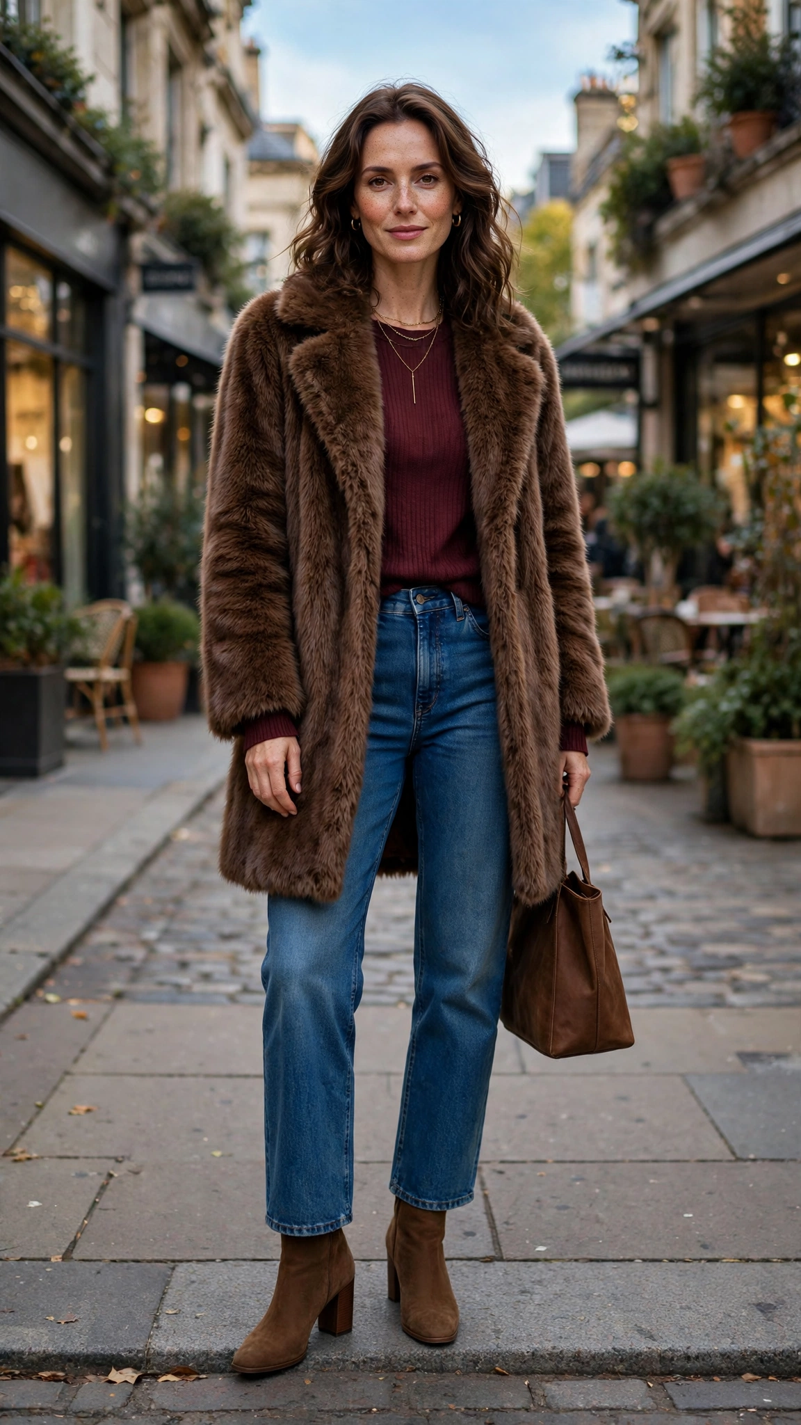 40 Faux fur coat outfits with jeans for winter weekends That Are Chic, Warm and Elegant 26 Brown Faux Fur Coat with straight jeans