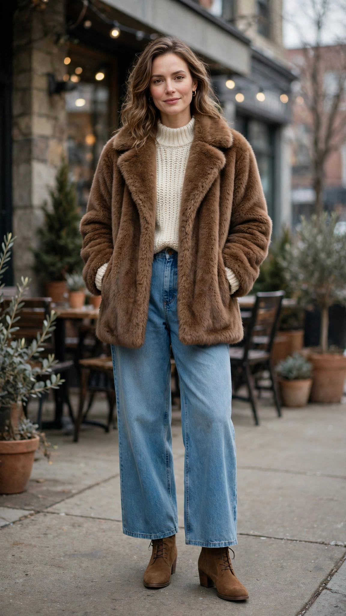 40 Faux fur coat outfits with jeans for winter weekends That Are Chic, Warm and Elegant 27 Brown Faux Fur Coat with wide-leg jeans