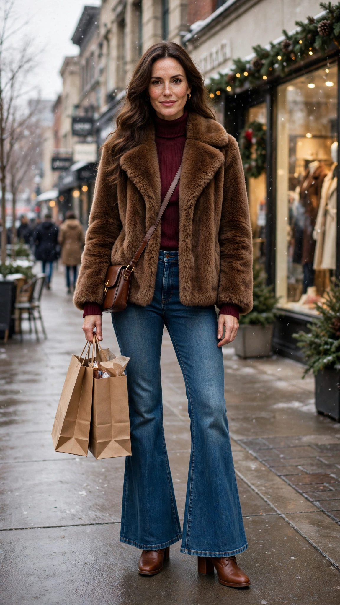 40 Faux fur coat outfits with jeans for winter weekends That Are Chic, Warm and Elegant 31 Brown Faux Fur Coat with flared jeans
