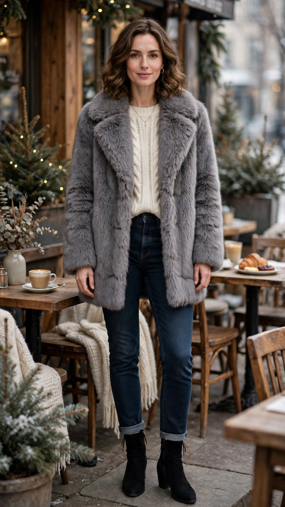 40 Faux fur coat outfits with jeans for winter weekends That Are Chic, Warm and Elegant 32 Grey Faux Fur Coat with dark jeans