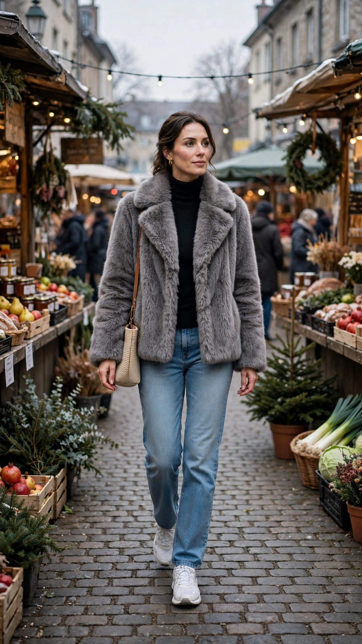 40 Faux fur coat outfits with jeans for winter weekends That Are Chic, Warm and Elegant 33 Grey Faux Fur Coat with light wash jeans