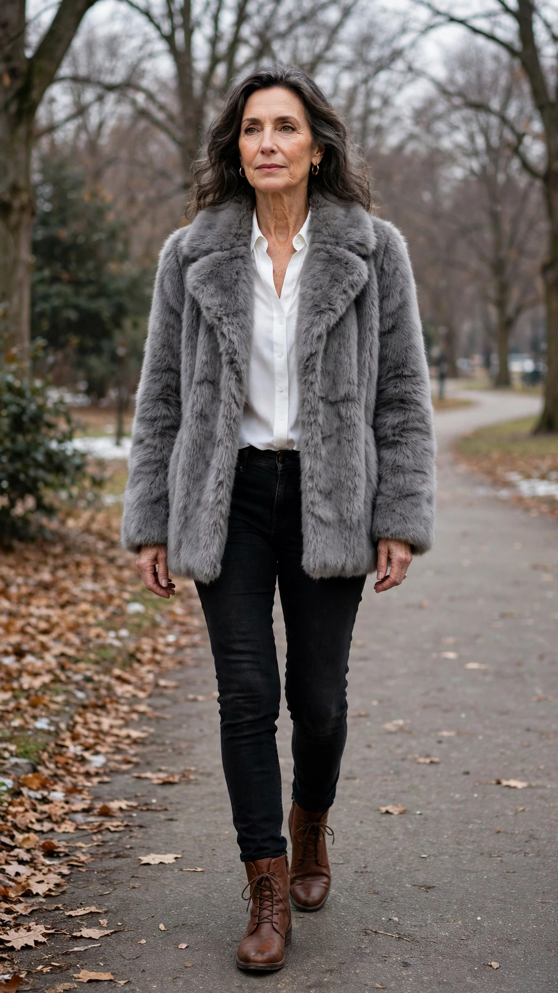 40 Faux fur coat outfits with jeans for winter weekends That Are Chic, Warm and Elegant 34 Grey Faux Fur Coat with black jeans
