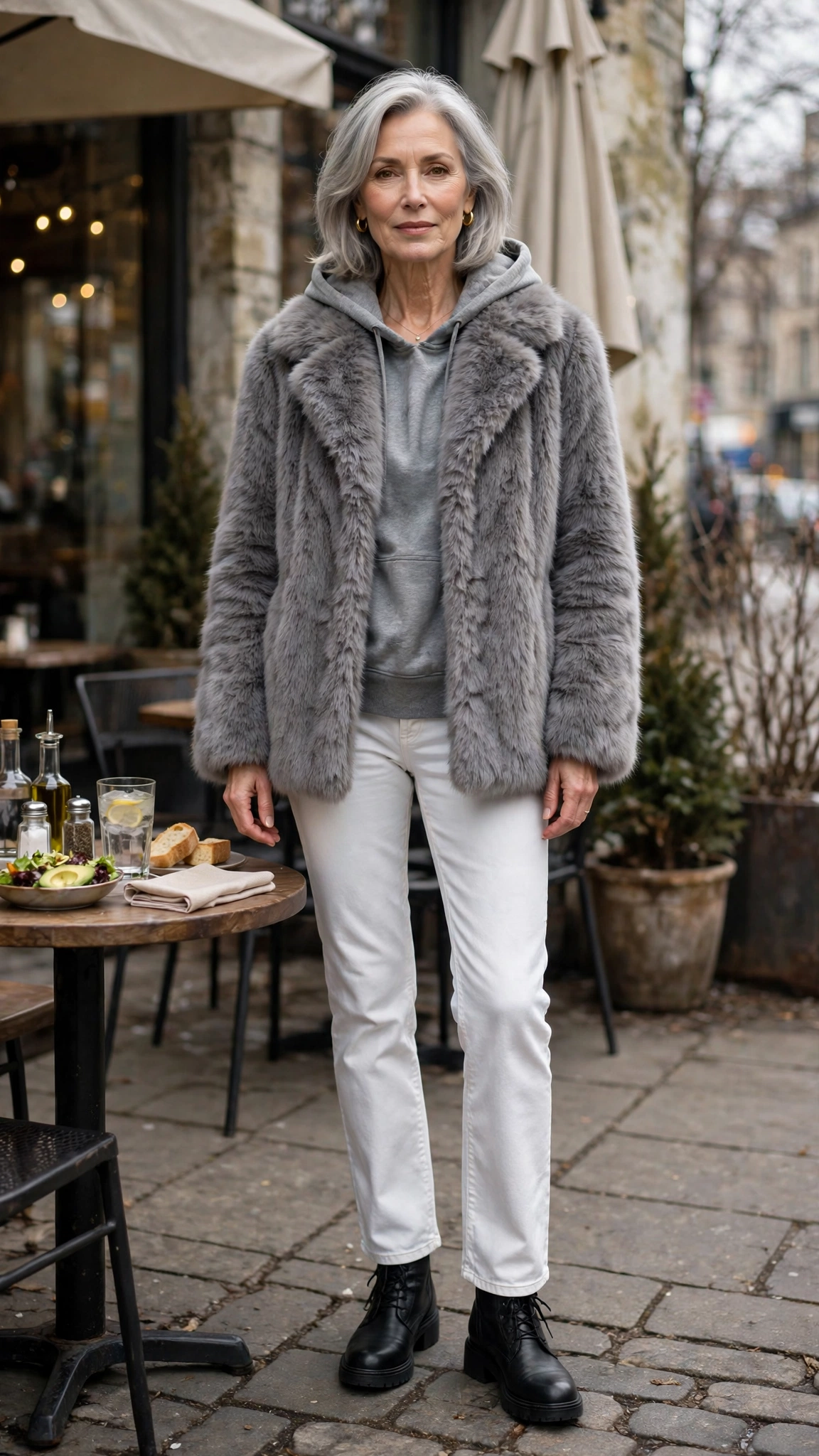 40 Faux fur coat outfits with jeans for winter weekends That Are Chic, Warm and Elegant 35 Grey Faux Fur Coat with white jeans