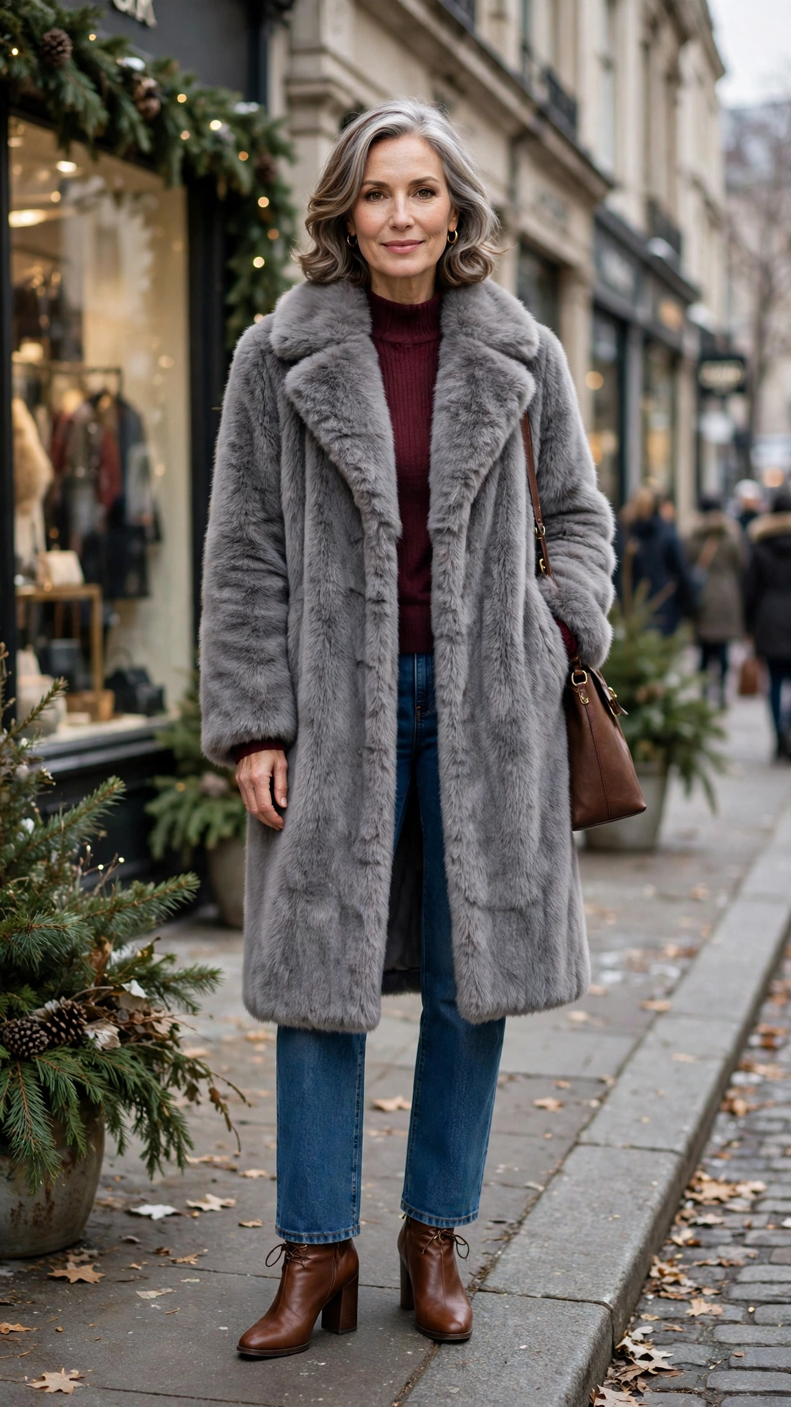 40 Faux fur coat outfits with jeans for winter weekends That Are Chic, Warm and Elegant 36 Grey Faux Fur Coat with straight jeans