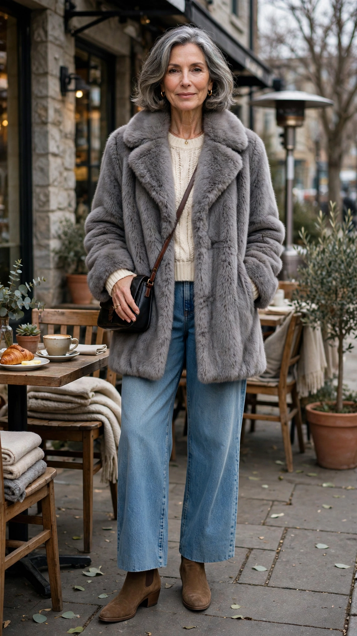 40 Faux fur coat outfits with jeans for winter weekends That Are Chic, Warm and Elegant 37 Grey Faux Fur Coat with wide-leg jeans