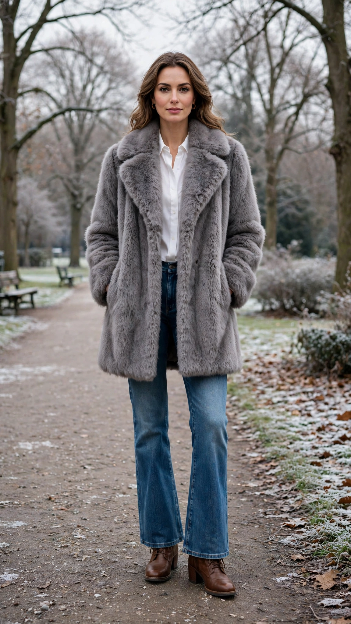 40 Faux fur coat outfits with jeans for winter weekends That Are Chic, Warm and Elegant 39 Grey Faux Fur Coat with bootcut jeans