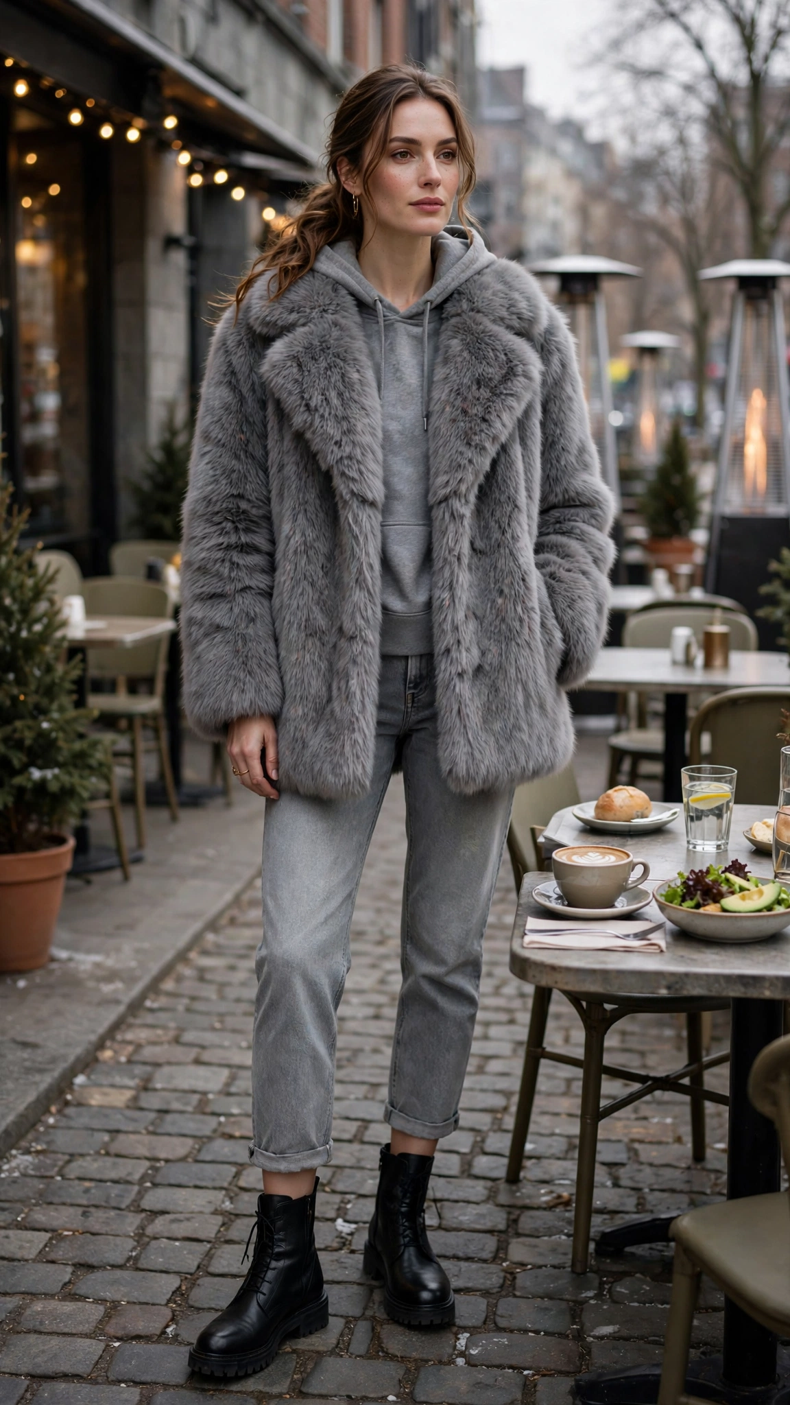 40 Faux fur coat outfits with jeans for winter weekends That Are Chic, Warm and Elegant 40 Grey Faux Fur Coat with cropped jeans