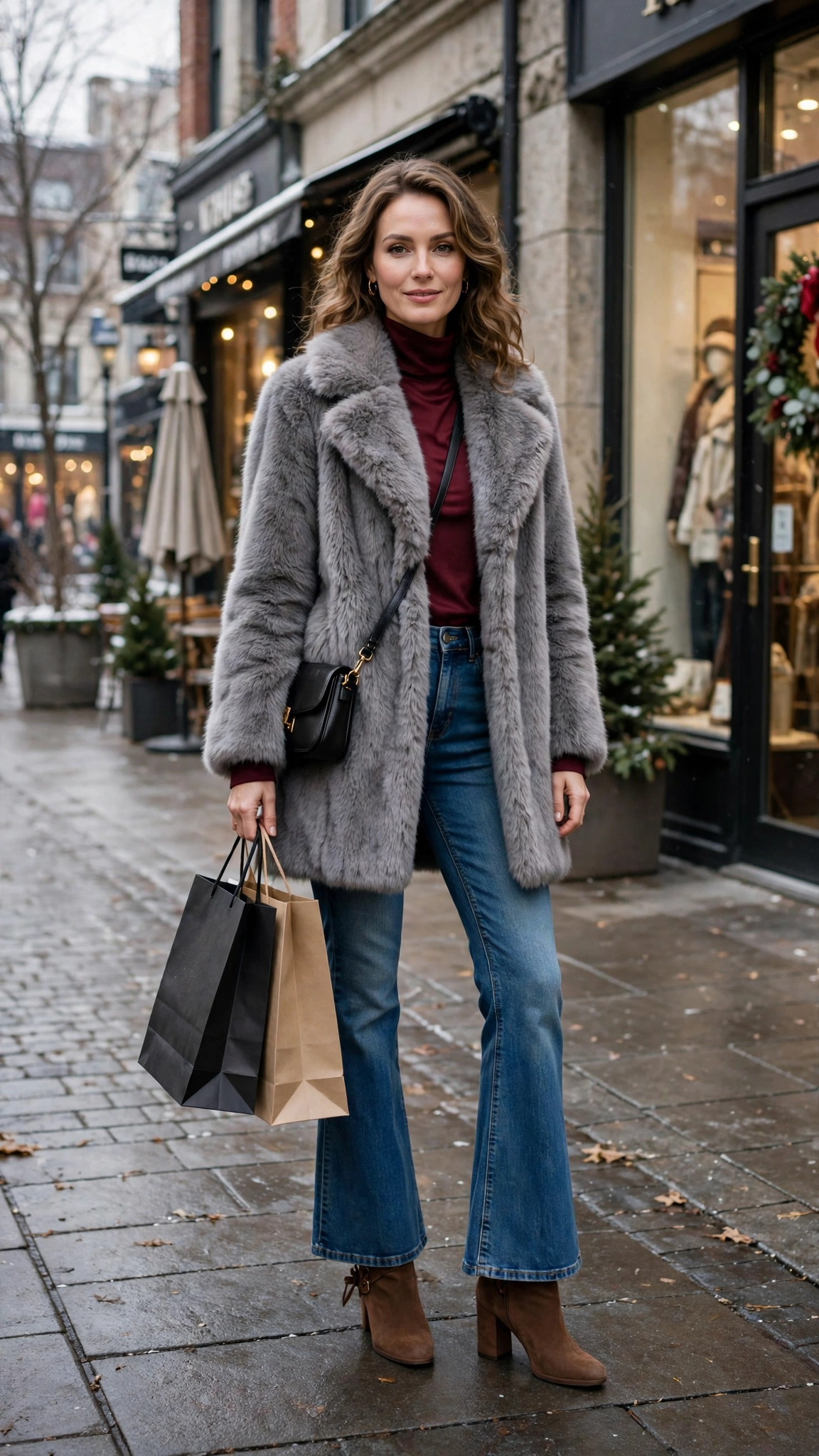 40 Faux fur coat outfits with jeans for winter weekends That Are Chic, Warm and Elegant 41 Grey Faux Fur Coat with flared jeans