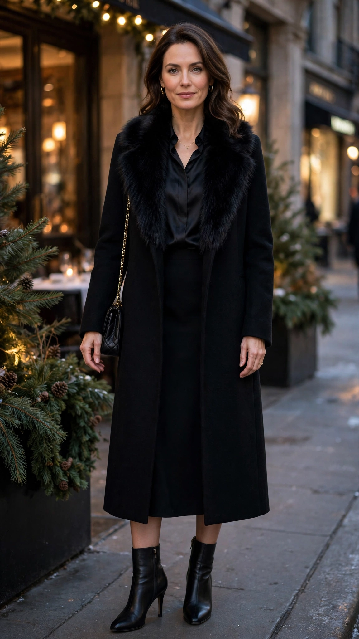 Black Faux Fur Collar Coat with a black midi dress