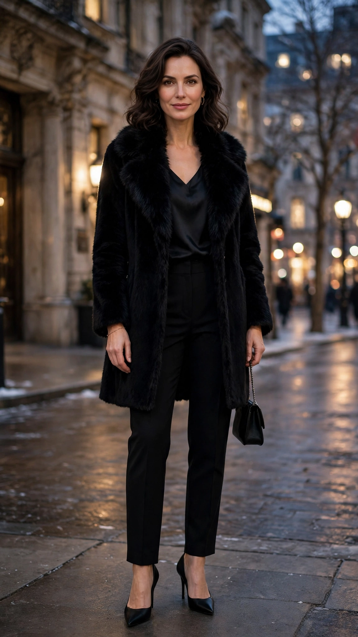 Black Faux Fur Collar Coat with black trousers