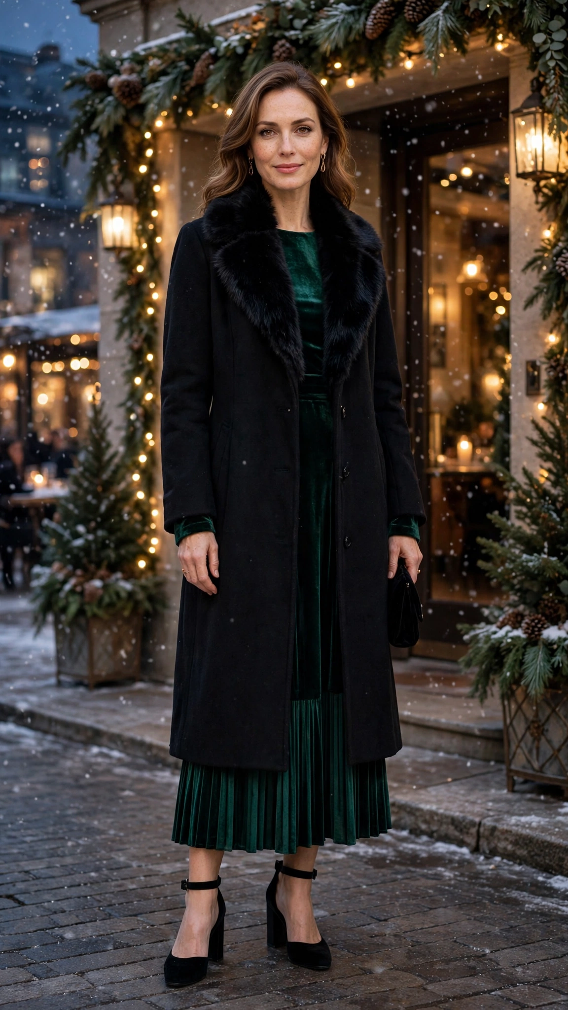 Black Faux Fur Collar Coat with a pleated skirt