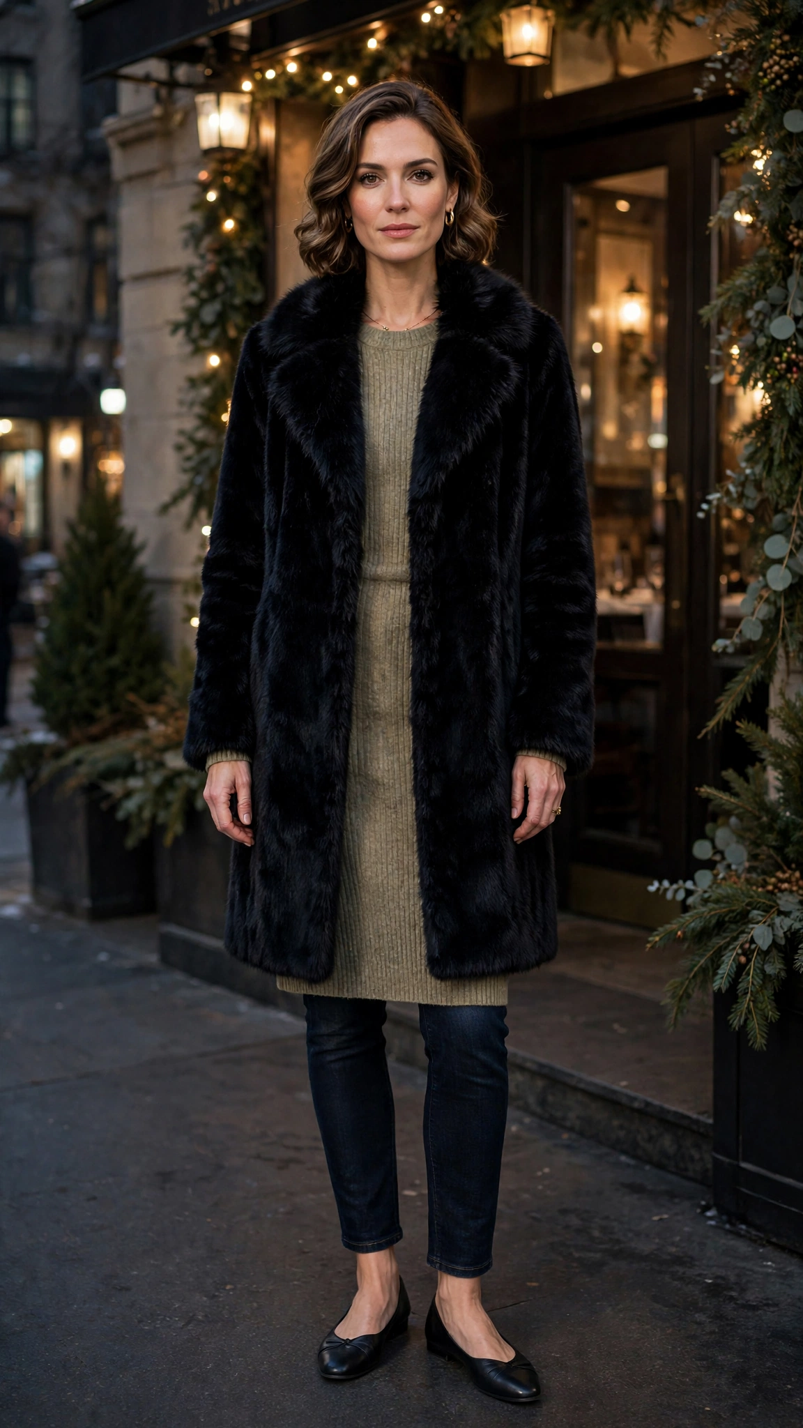 Black Faux Fur Collar Coat with dark jeans