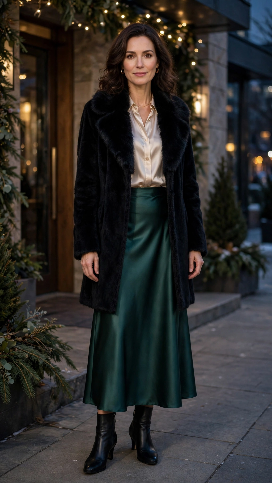 Black Faux Fur Collar Coat with a satin skirt