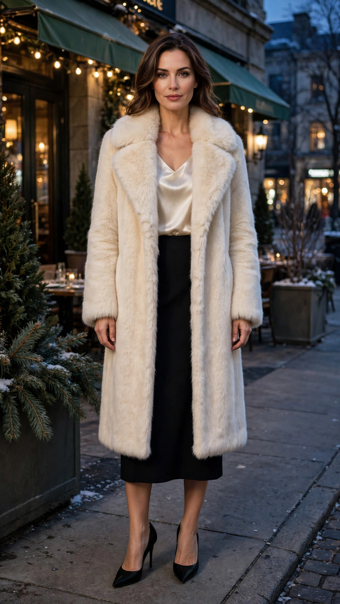 Cream Faux Fur Collar Coat with a black midi dress