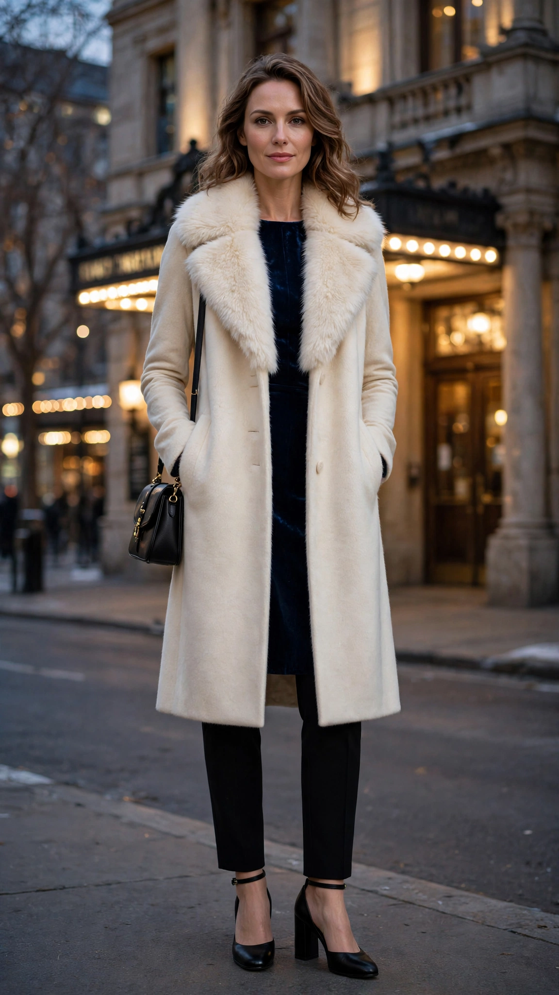 Cream Faux Fur Collar Coat with black trousers