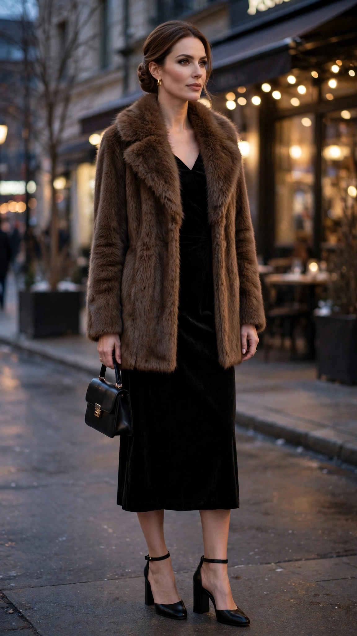 Brown Faux Fur Collar Coat with a black midi dress