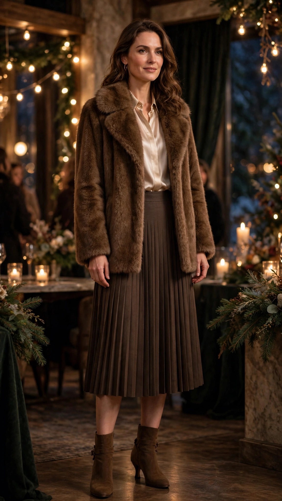 Brown Faux Fur Collar Coat with a pleated skirt