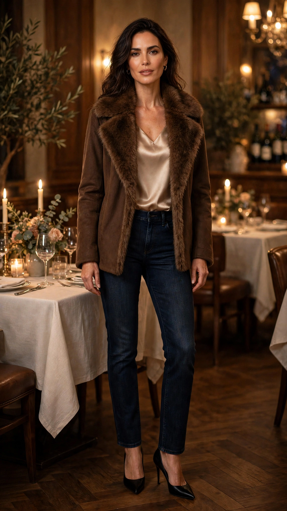 Brown Faux Fur Collar Coat with dark jeans