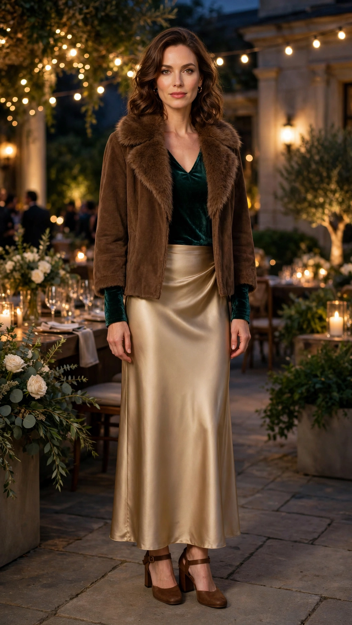 Brown Faux Fur Collar Coat with a satin skirt