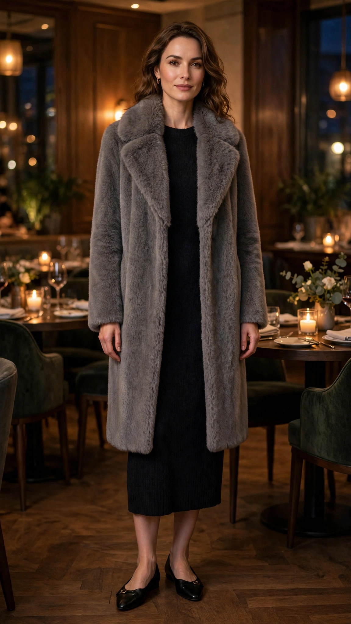 Grey Faux Fur Collar Coat with a black midi dress