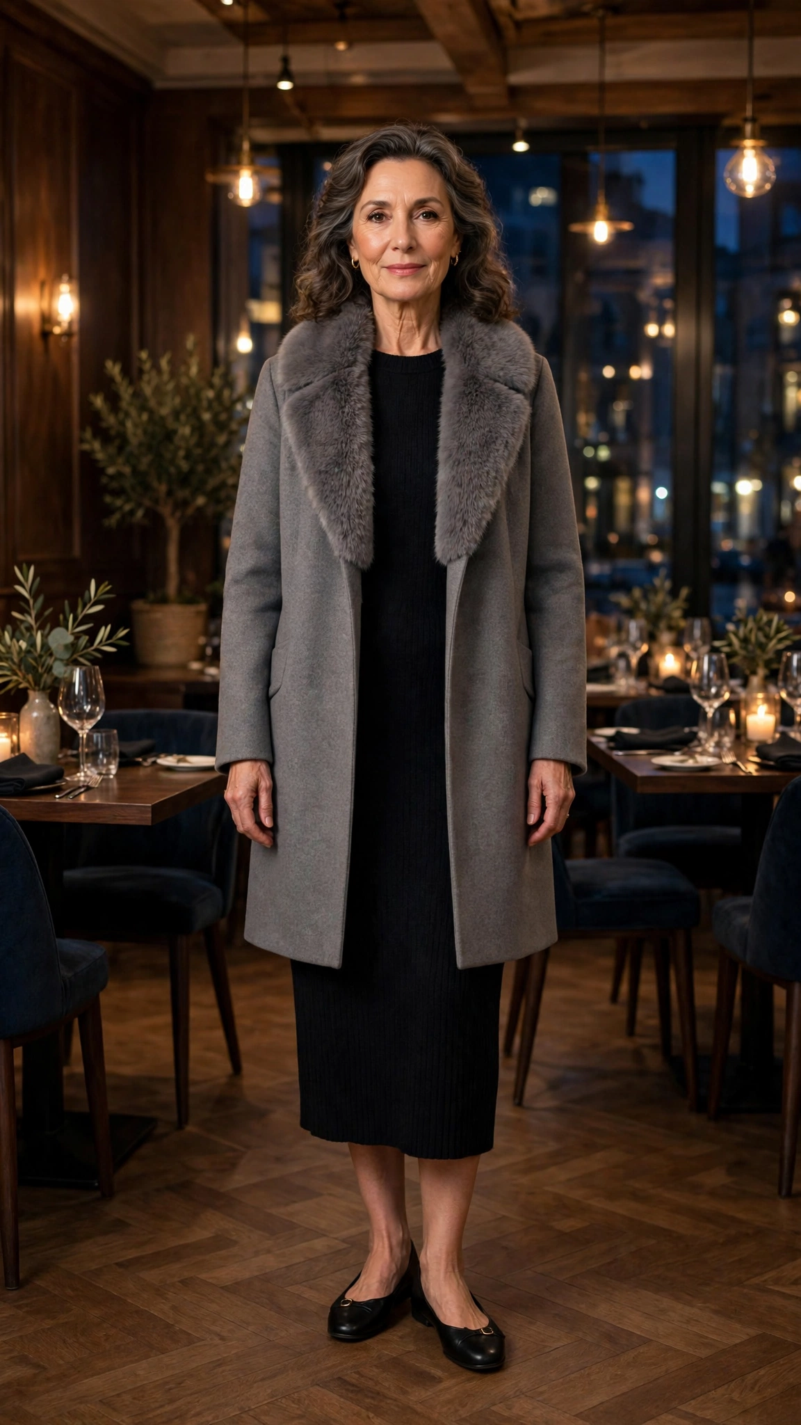 Grey Faux Fur Collar Coat with black trousers