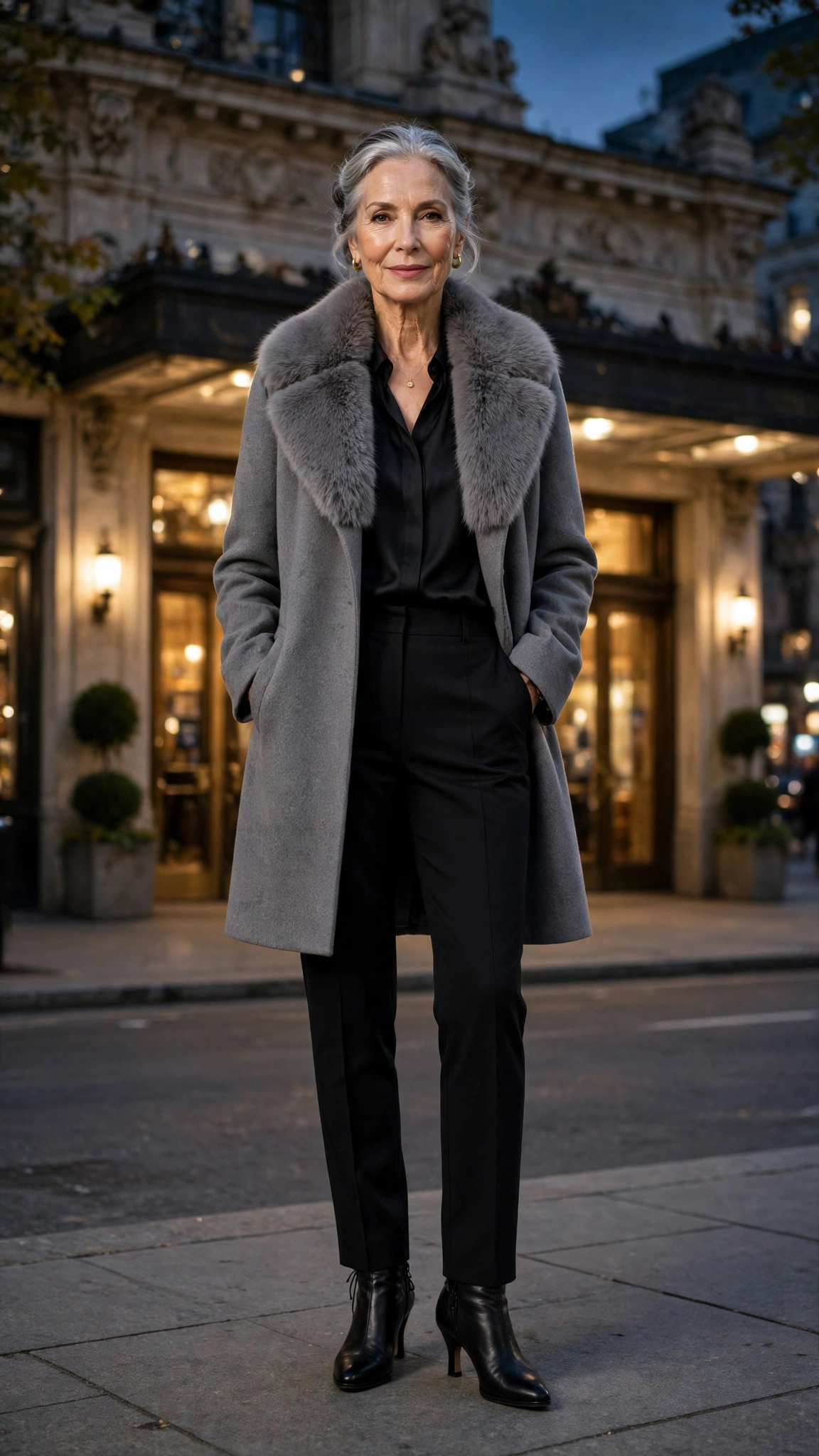 Grey Faux Fur Collar Coat with a pleated skirt