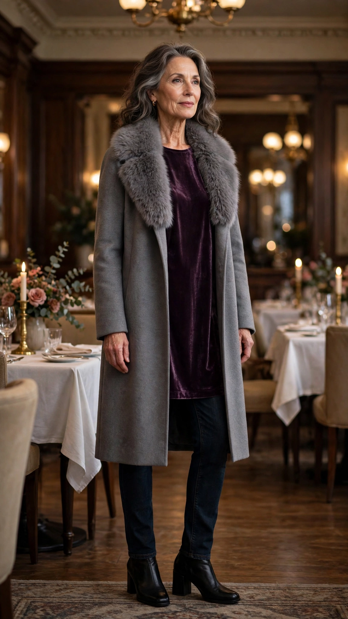 Grey Faux Fur Collar Coat with a satin skirt