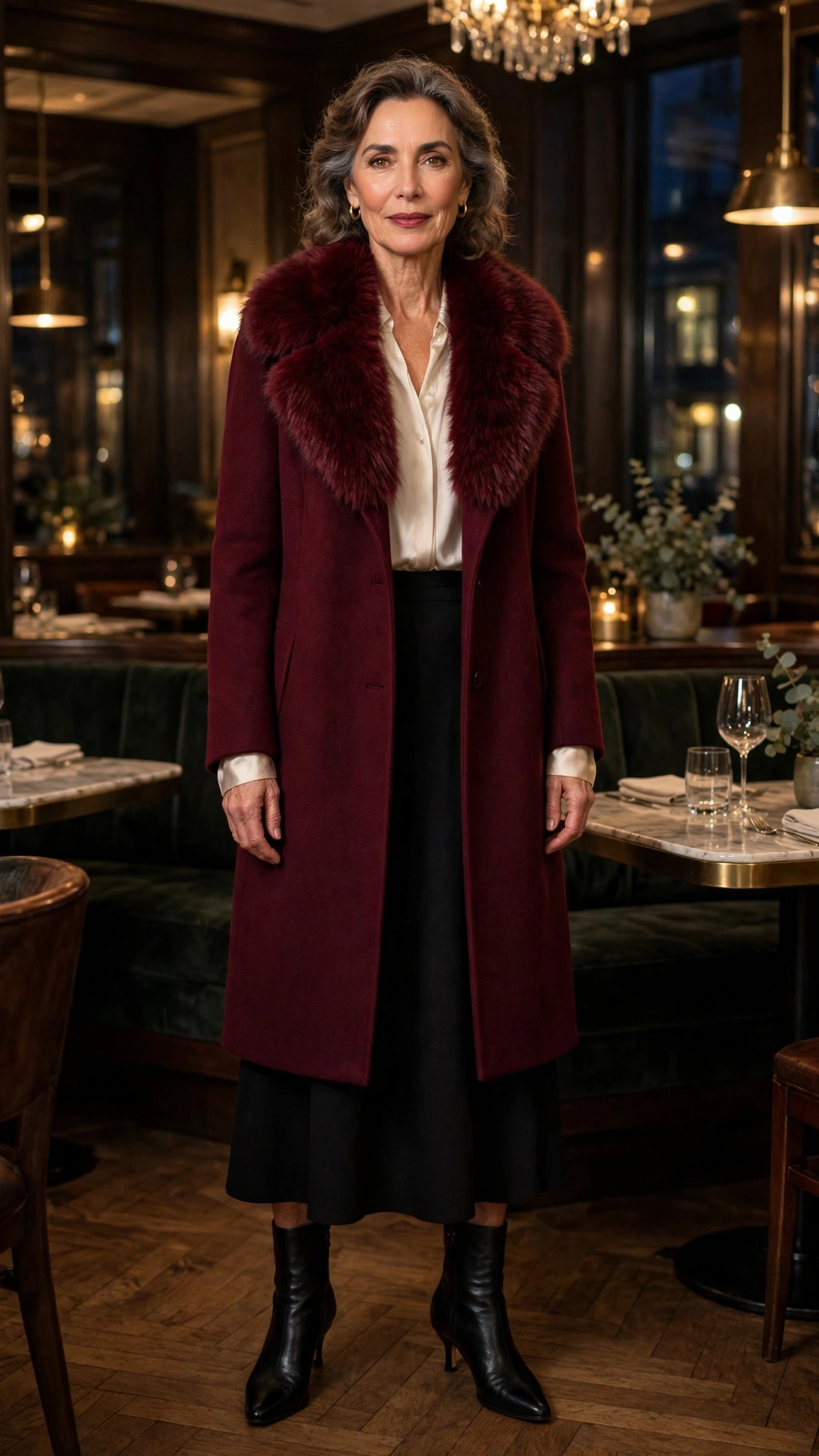 Burgundy Faux Fur Collar Coat with a black midi dress