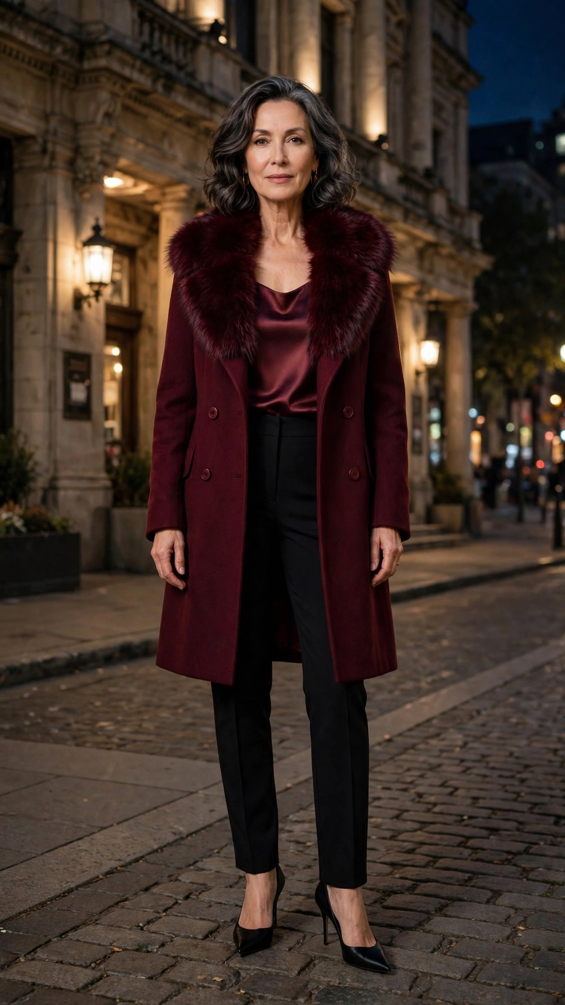 Burgundy Faux Fur Collar Coat with black trousers