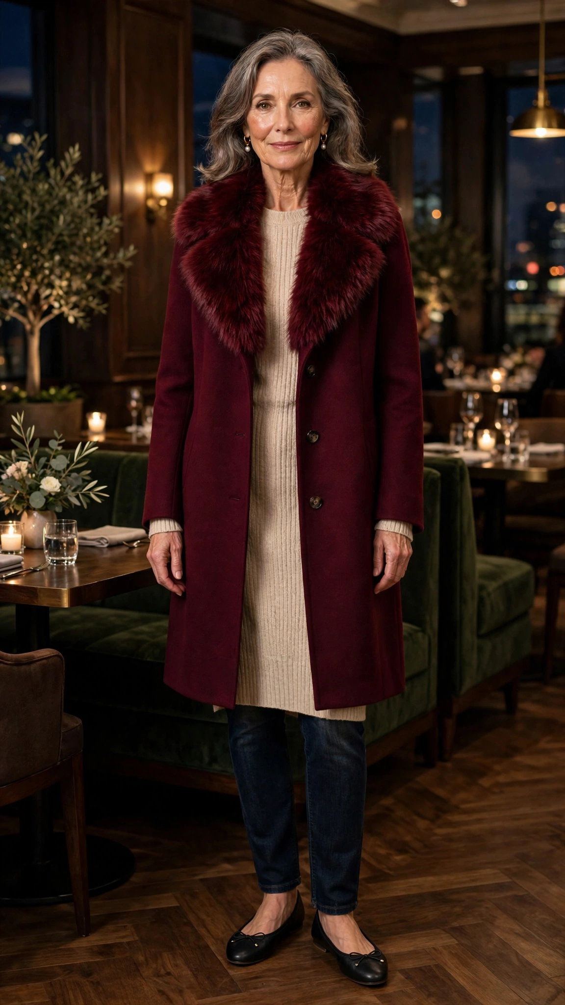 Burgundy Faux Fur Collar Coat with dark jeans