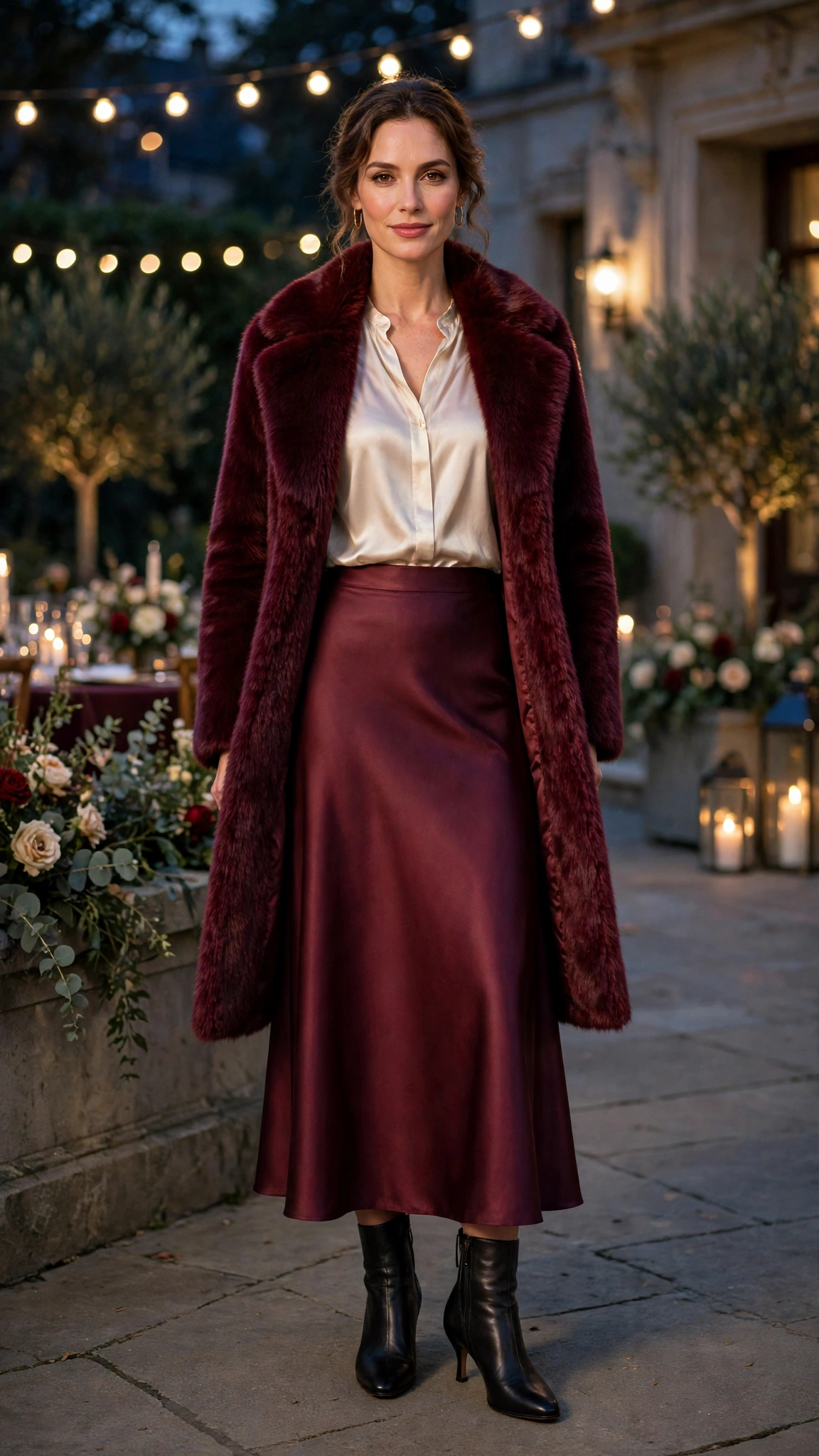 Burgundy Faux Fur Collar Coat with a satin skirt