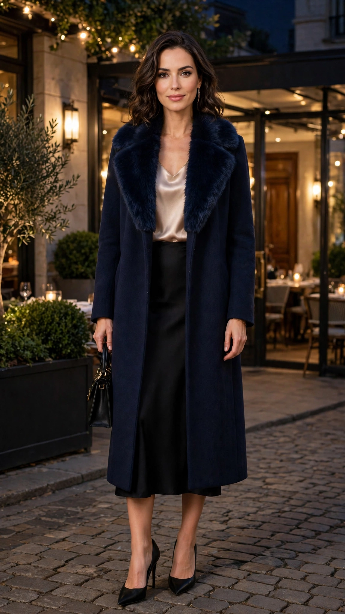 Navy Faux Fur Collar Coat with a black midi dress