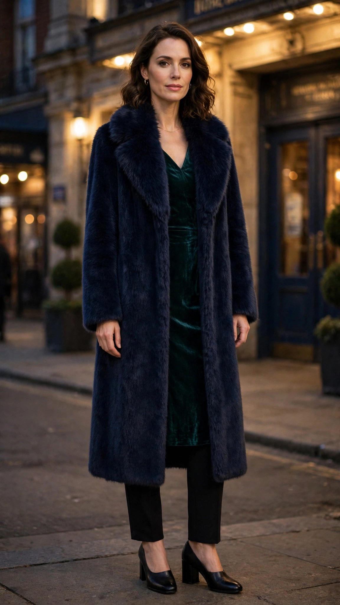 Navy Faux Fur Collar Coat with black trousers