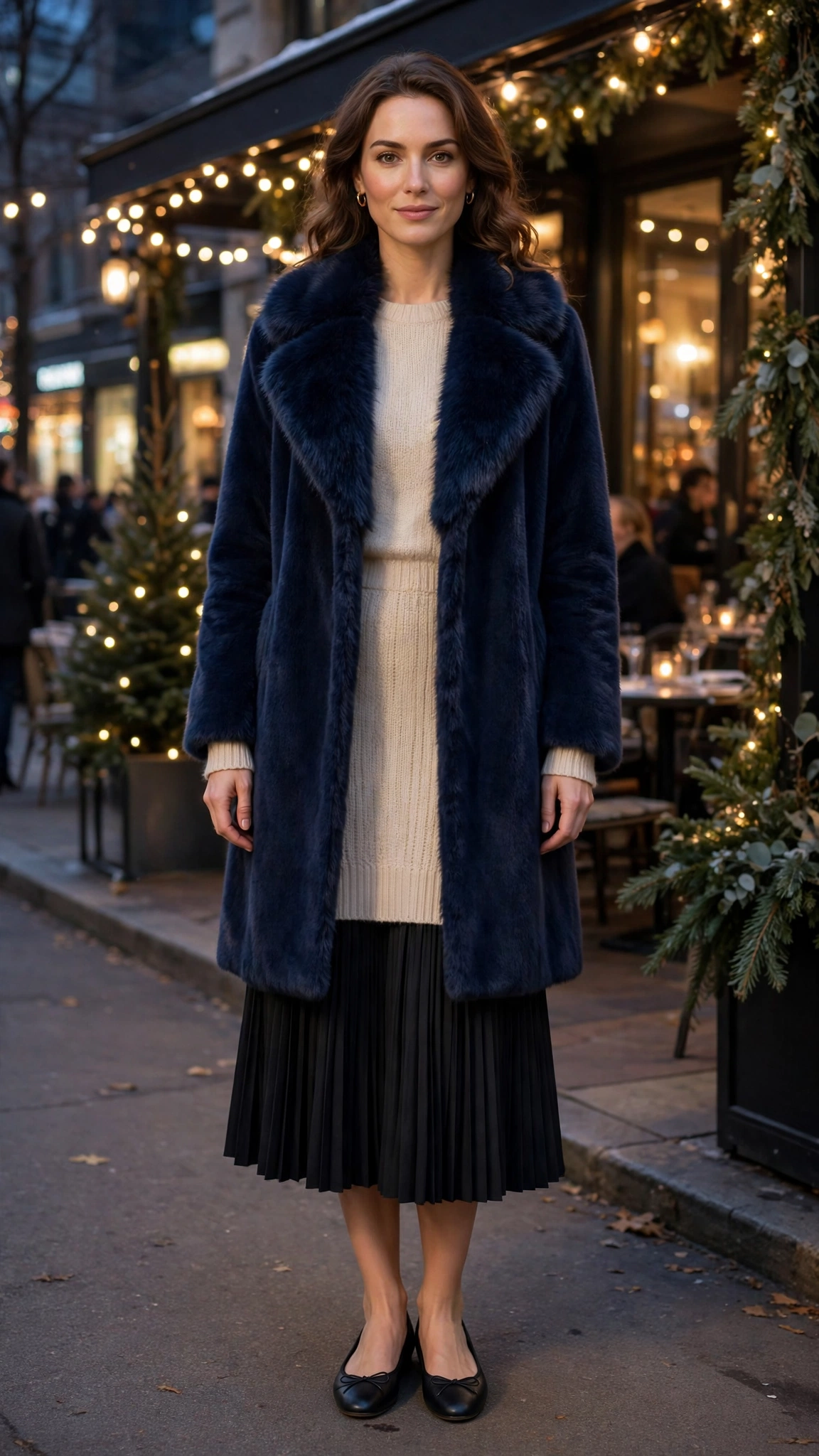 Navy Faux Fur Collar Coat with a pleated skirt