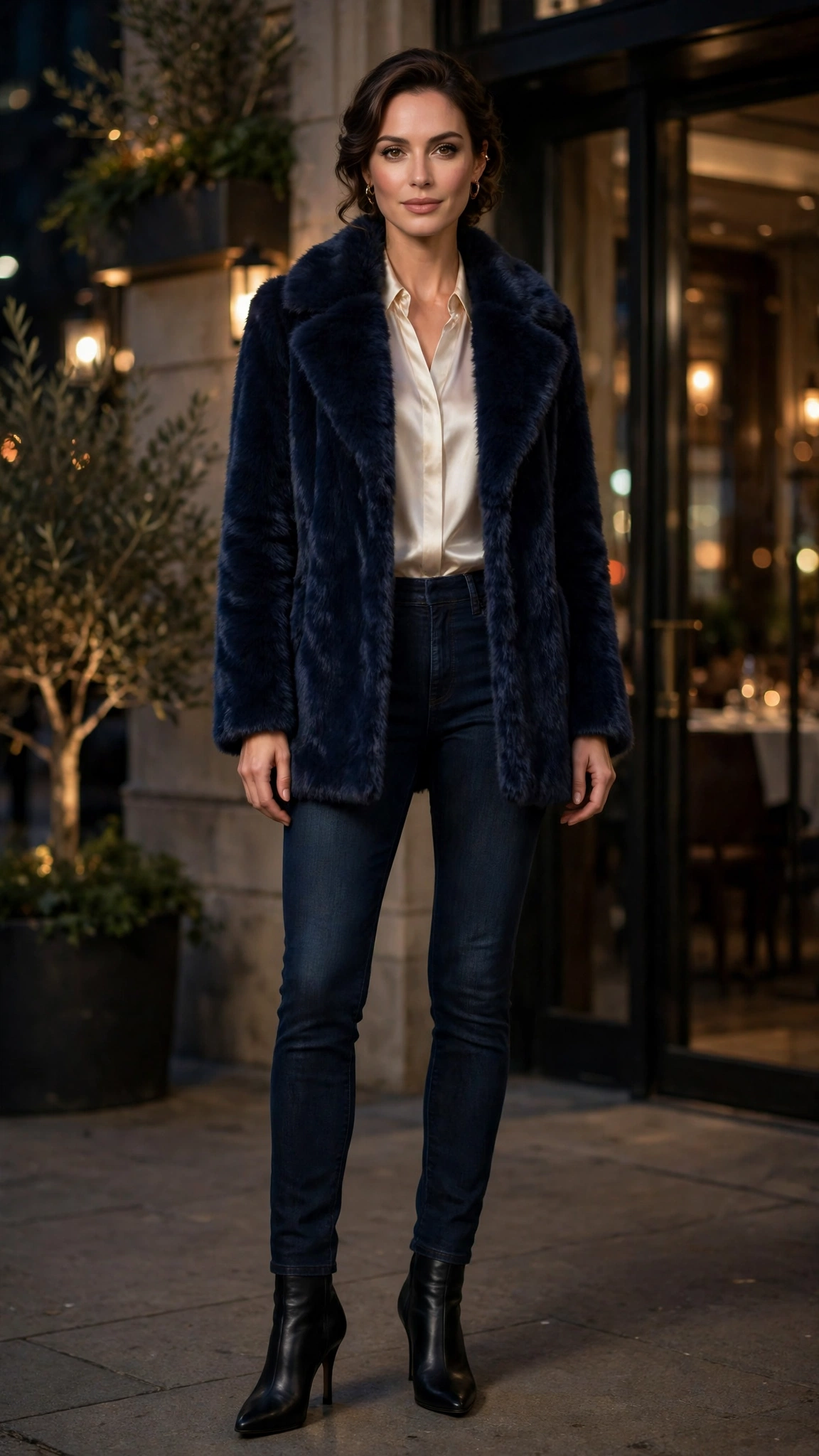 Navy Faux Fur Collar Coat with dark jeans