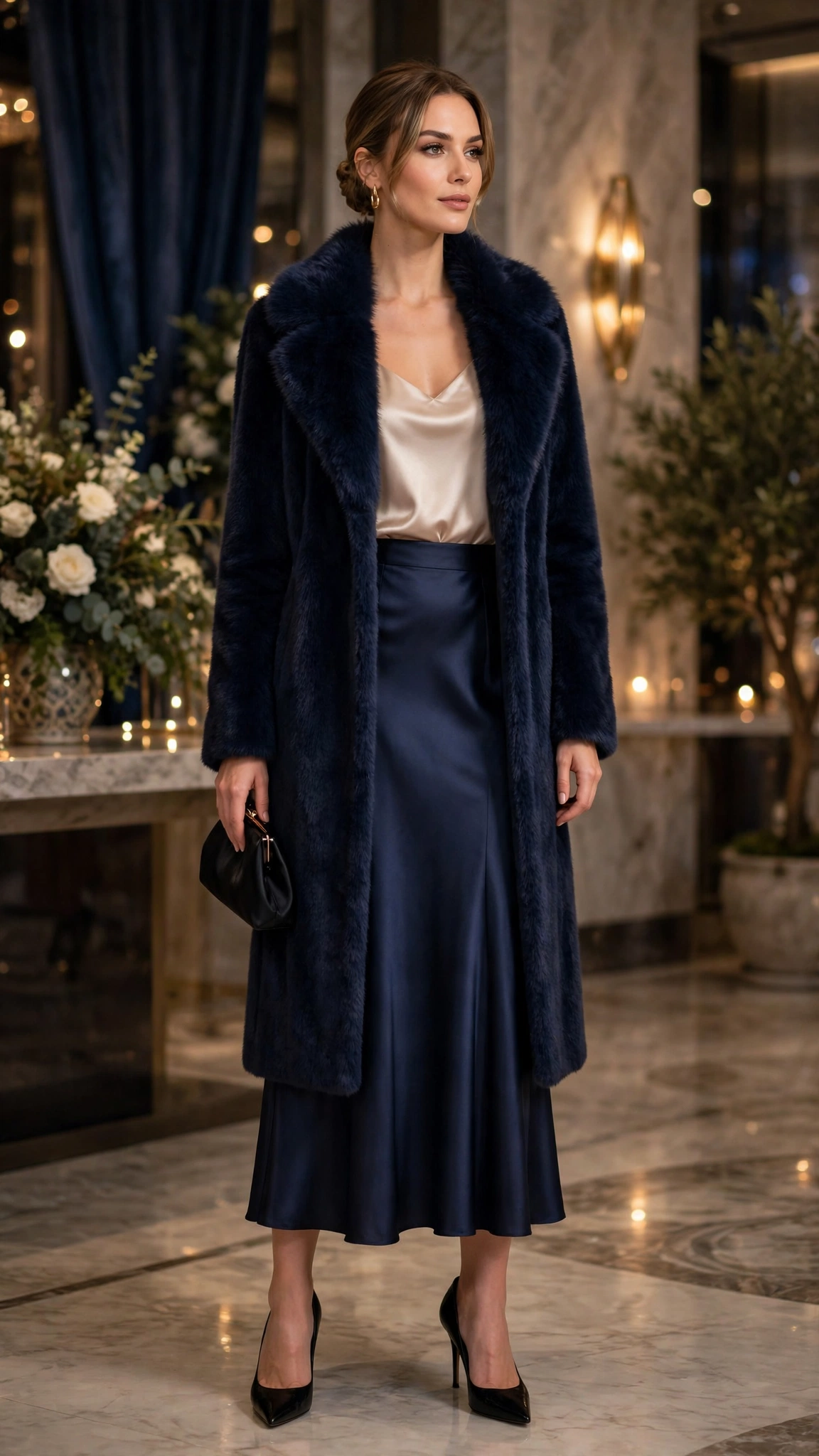 Navy Faux Fur Collar Coat with a satin skirt