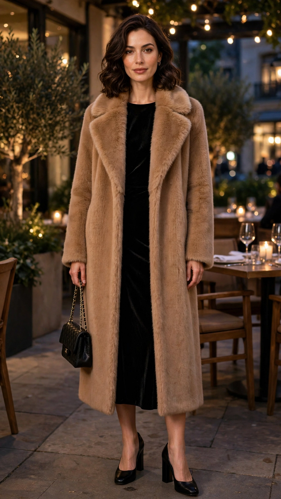Camel Faux Fur Collar Coat with a black midi dress