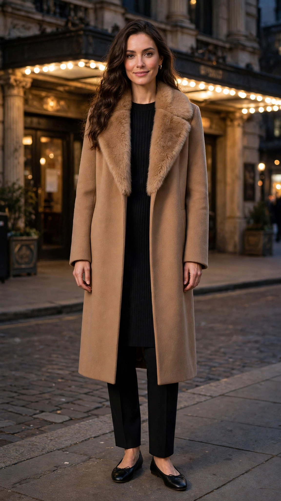 Camel Faux Fur Collar Coat with black trousers