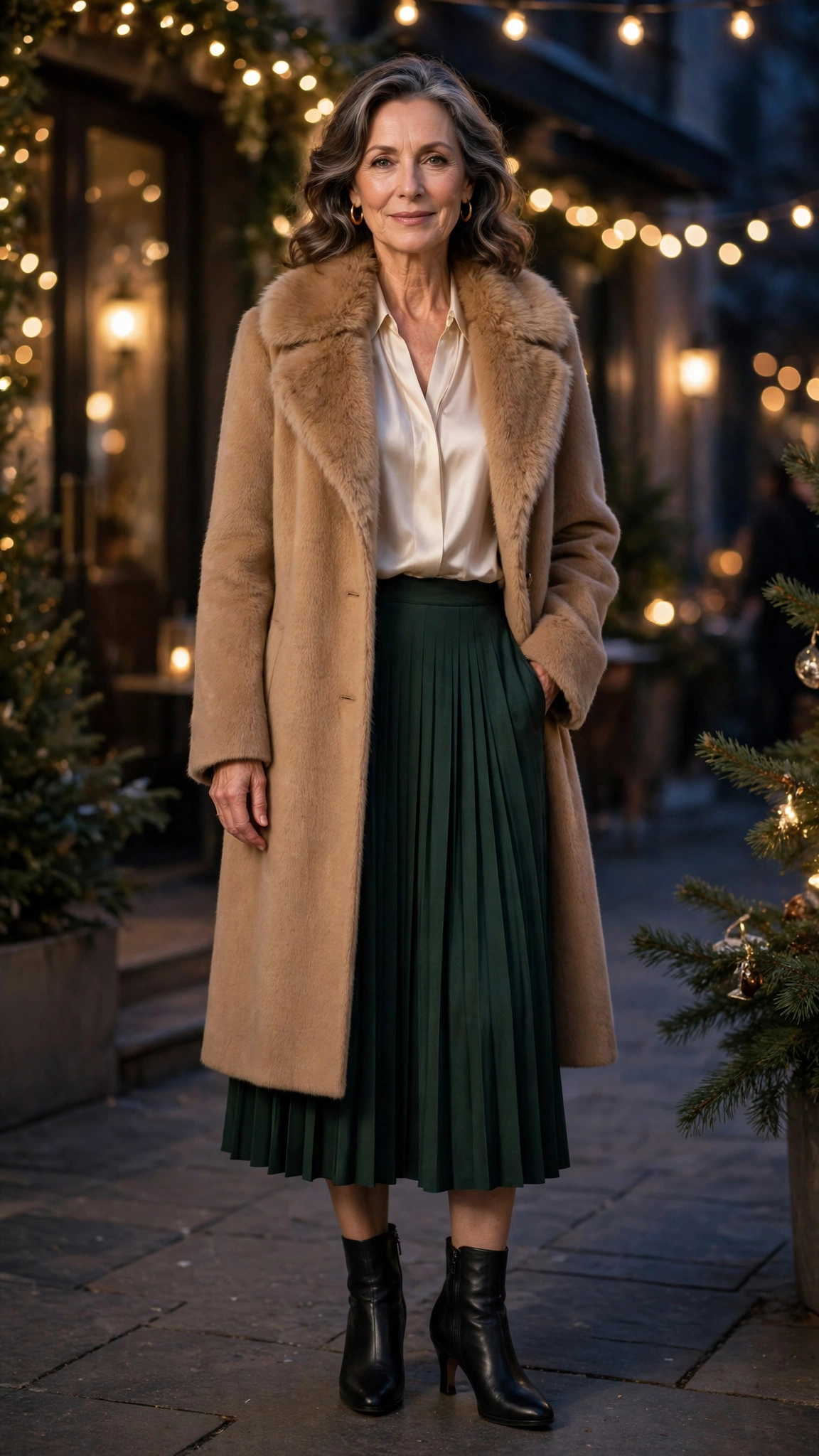 Camel Faux Fur Collar Coat with a pleated skirt