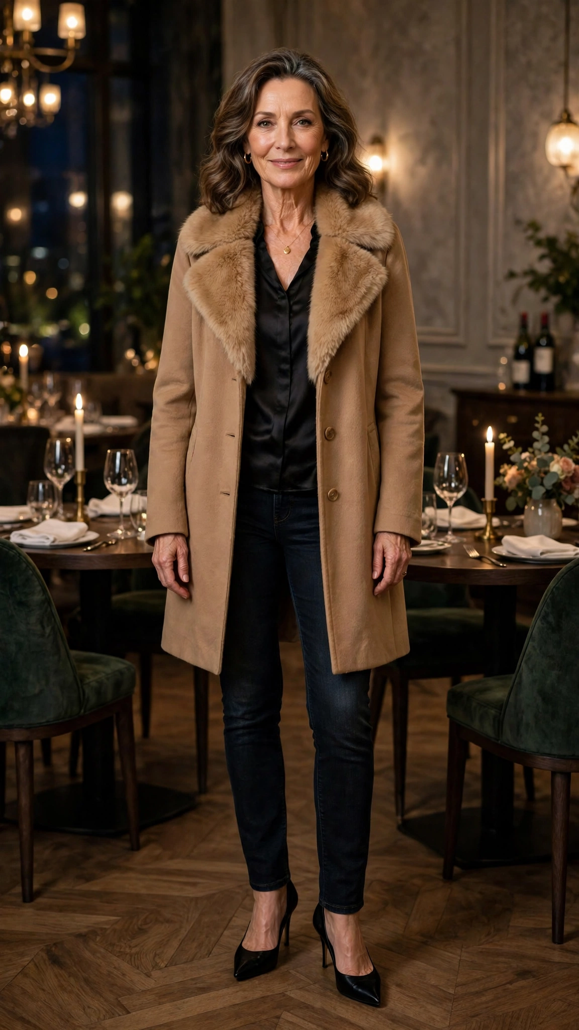 Camel Faux Fur Collar Coat with dark jeans