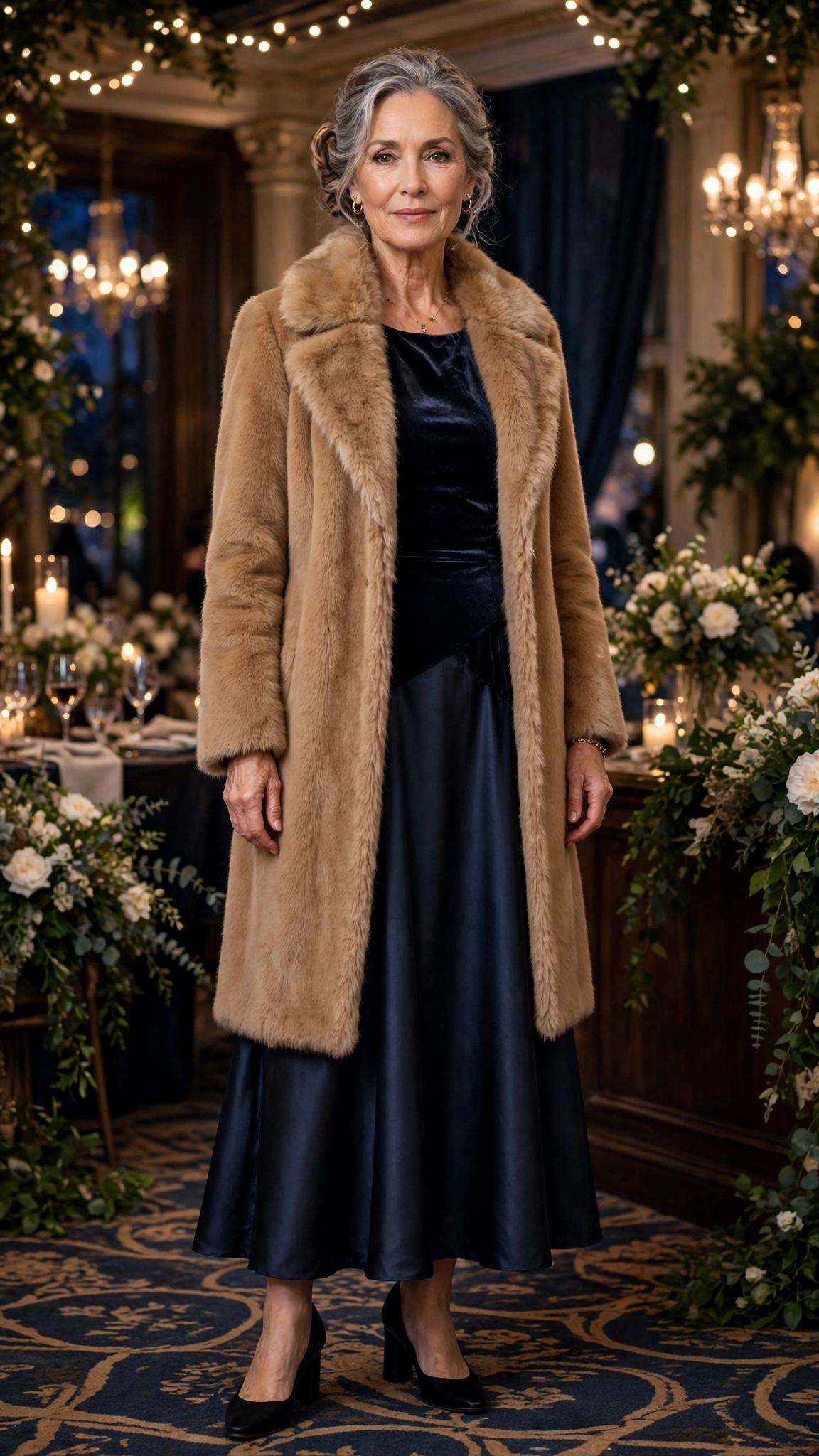 Camel Faux Fur Collar Coat with a satin skirt