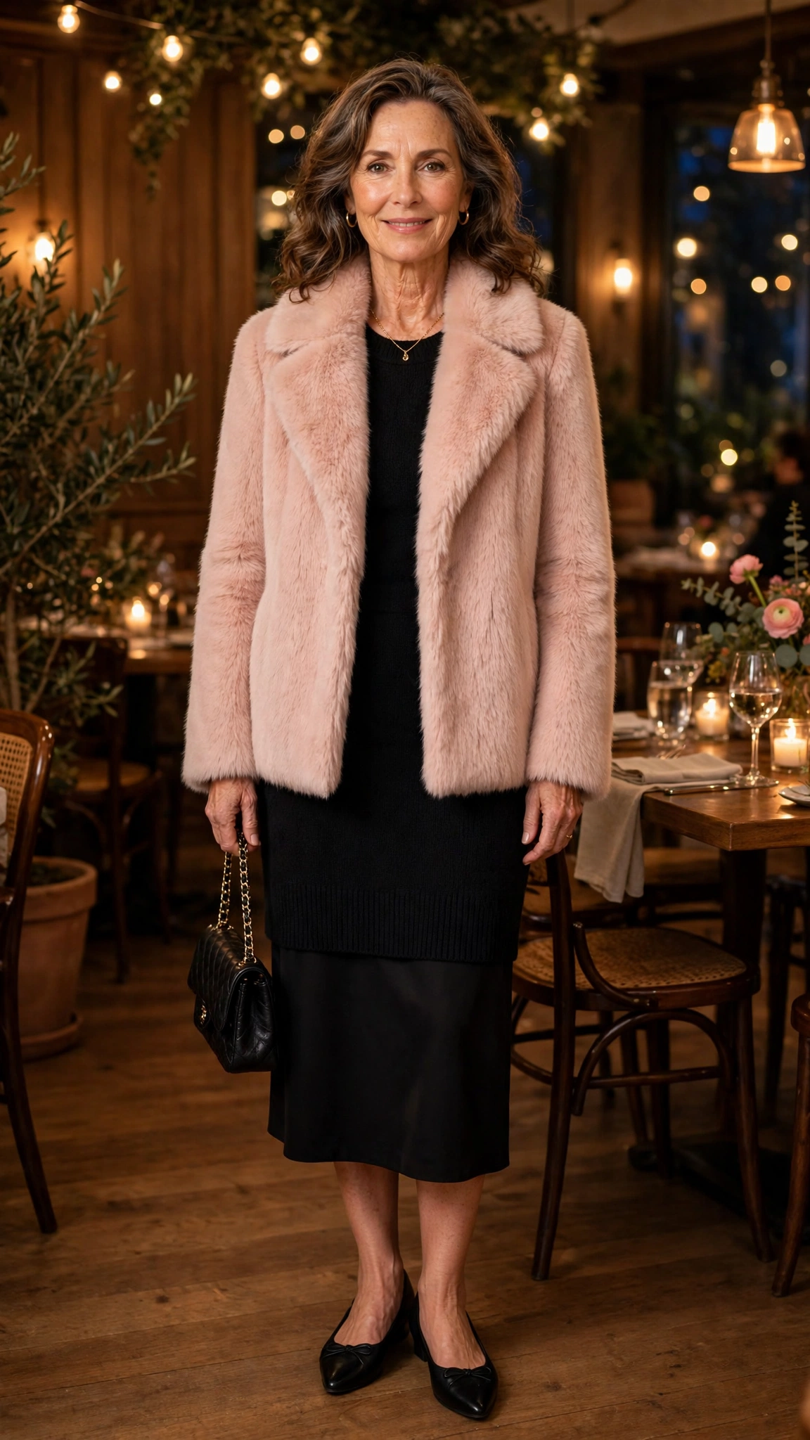 Blush Pink Faux Fur Collar Coat with a black midi dress