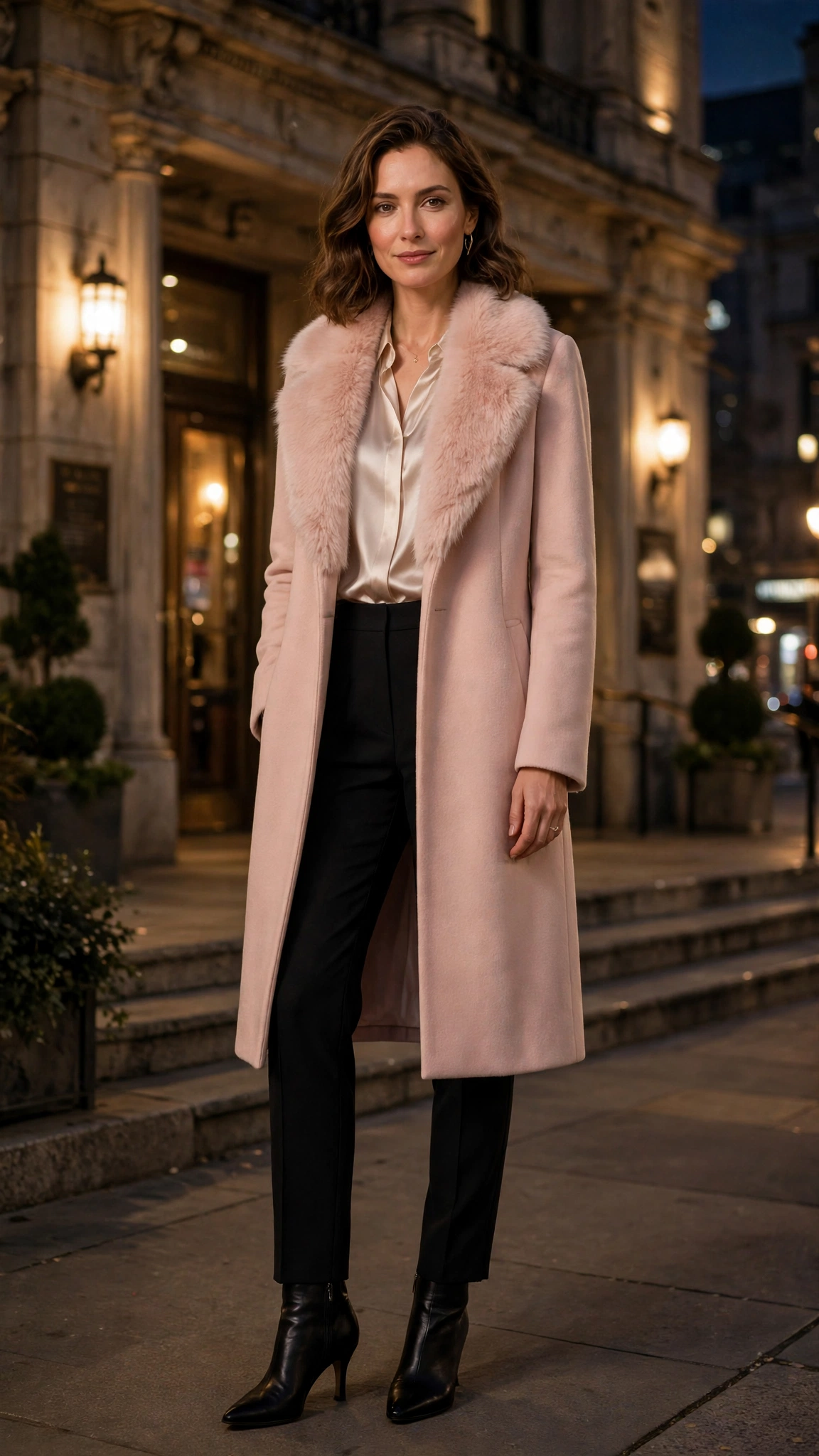Blush Pink Faux Fur Collar Coat with black trousers
