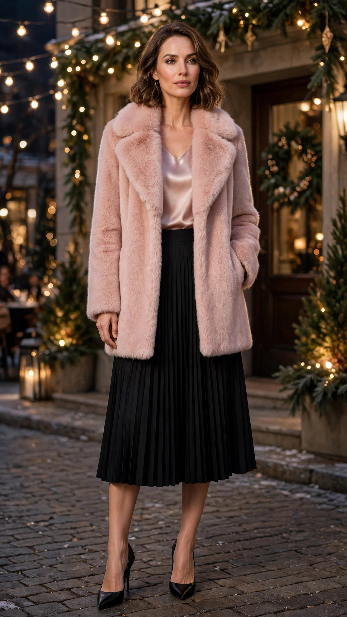 Blush Pink Faux Fur Collar Coat with a pleated skirt